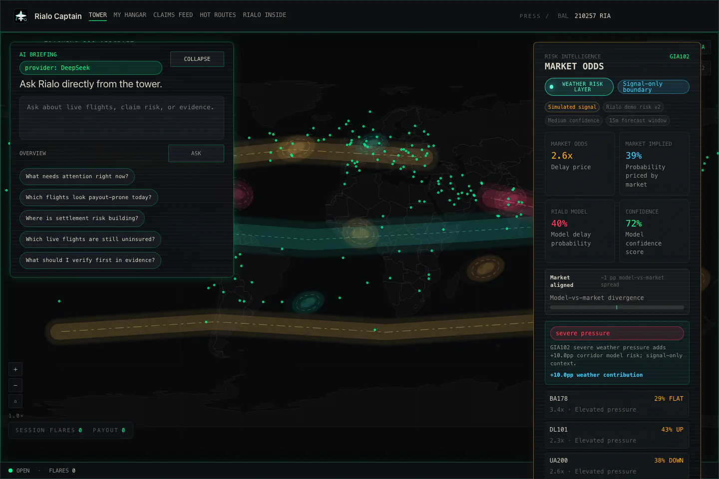 Rialo Captain flight protection interface showing flight risk, protection, and evidence explanation areas.