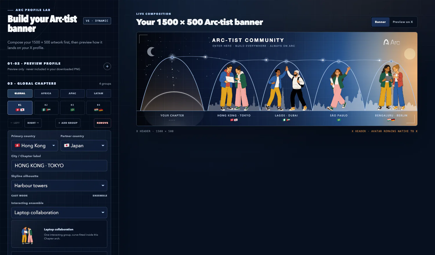 Arc-tist Banner creation tool showing Chapter, city, people, X preview, and export controls.